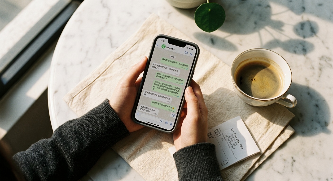 Customer messaging 工作流 on a phone in a quiet cafe setting