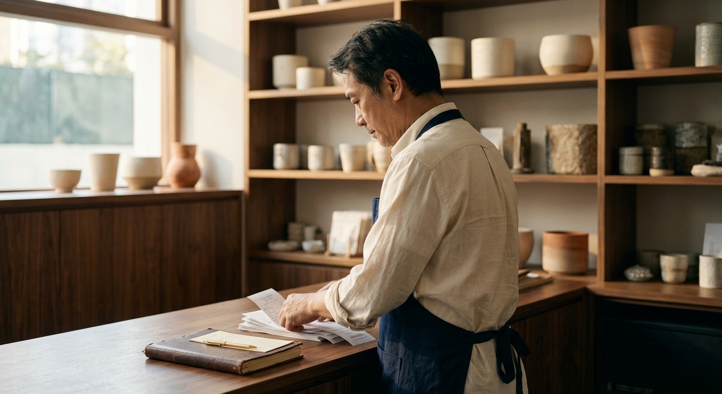 Small business owner reviewing receipts and operating notes