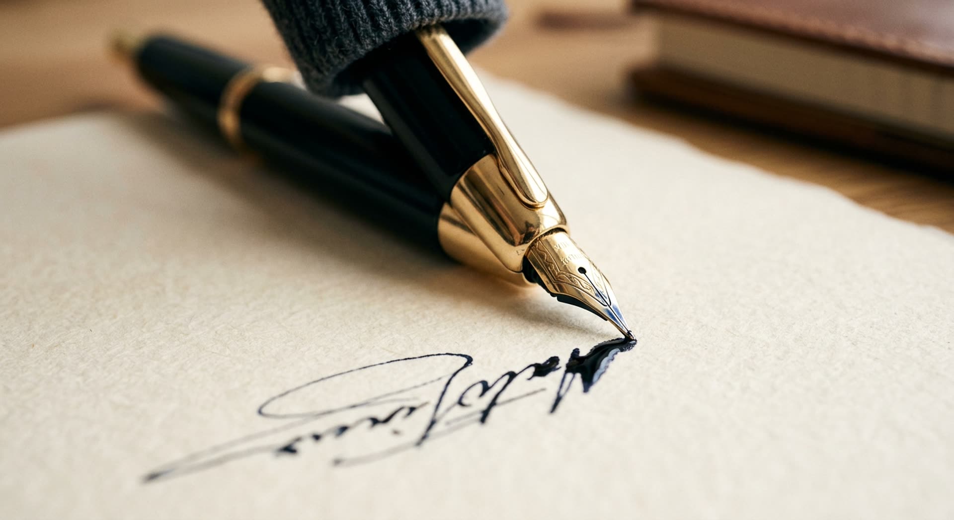 Fountain pen, paper, and natural-light still life — editorial signature mark
